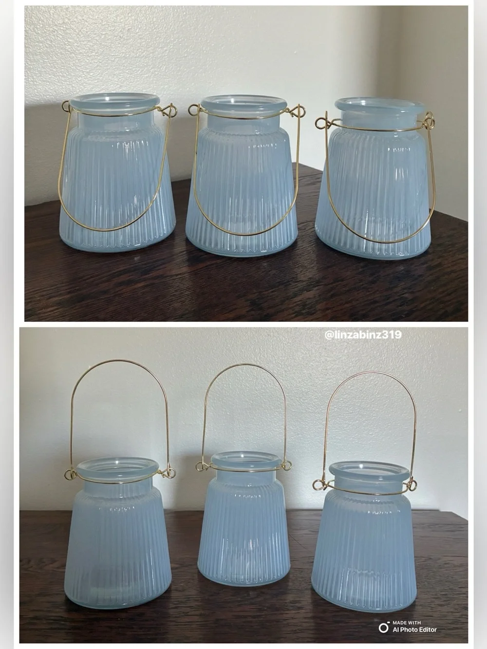 NWT- Set of 3- Light Blue Ribbed Glass Candle Holder Lanterns with Gold Handles